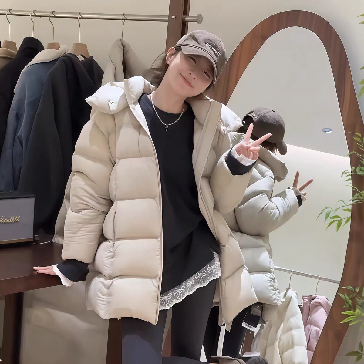 泡芙羽绒服女中长款2025新款冬季加厚保暖连帽白鸭绒韩版外套