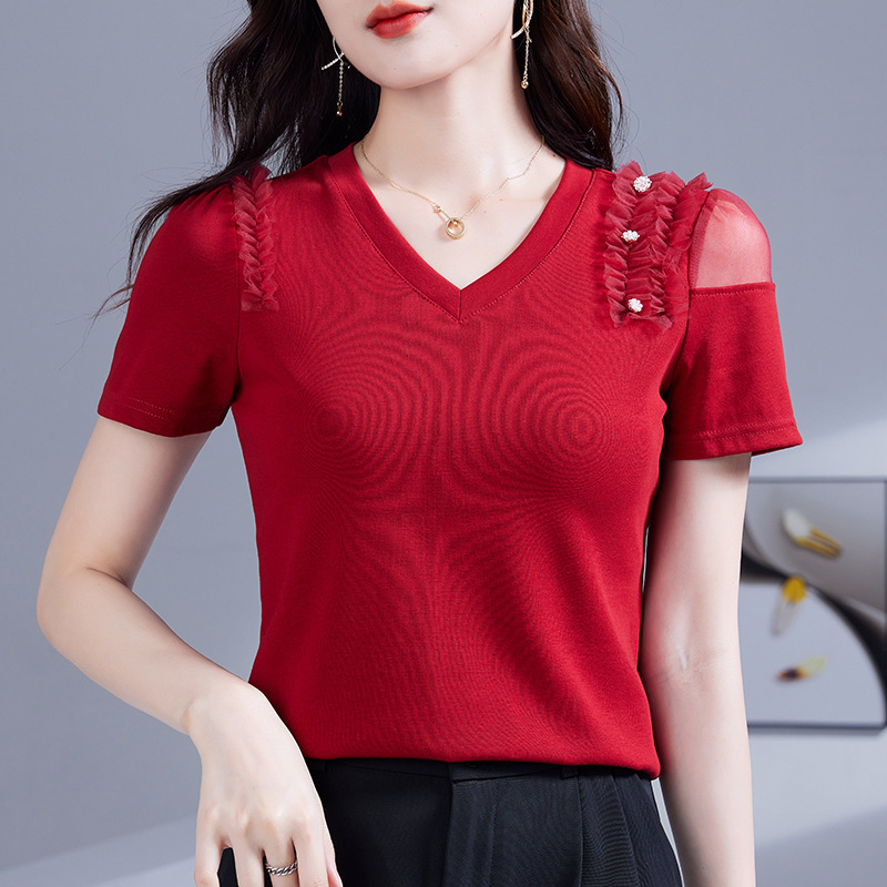 设计感洋气V领棉T恤2025夏季新款纯色女士上衣百搭体恤小衫