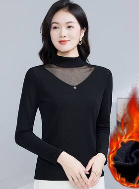 新款秋冬半高领网纱长袖加绒打底