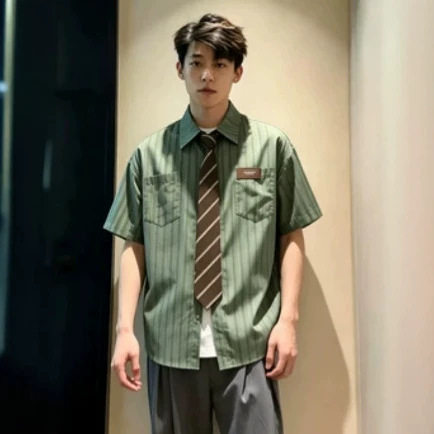 美式复古绿色条纹短袖衬衫男夏季