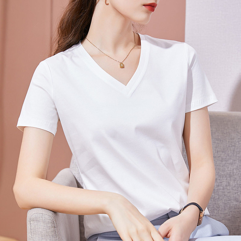 2025夏季新款棉体恤衫 丝光棉短袖t恤女半袖v领纯色宽松气质上衣