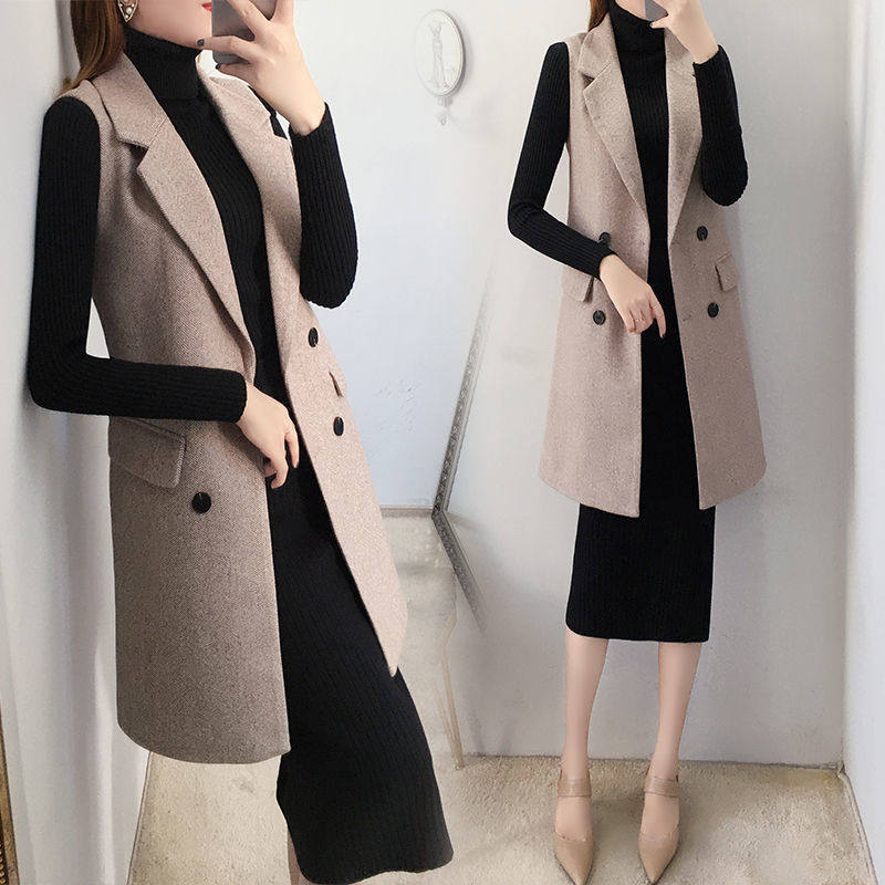 2025新款薄毛呢马甲春季女中长款洋气坎肩西装领百搭显瘦外套马夹