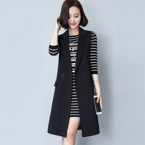西装领马甲女2025春秋款韩版修身中长款大码坎肩背心黑色马夹外套