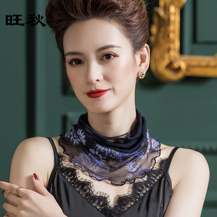 100%桑蚕丝围巾拼接印花防寒围脖女套头护脖颈真丝小丝巾薄款百搭