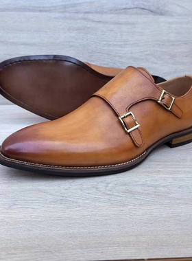 美线外贸男鞋尖头硬底搭扣英伦乐福鞋商务休闲孟克皮鞋真皮大码