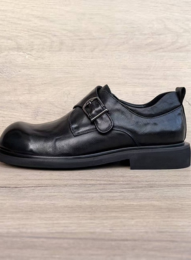 新款手工皮鞋男真皮厚底搭扣一脚蹬外贸英伦商务休闲孟克鞋圆头