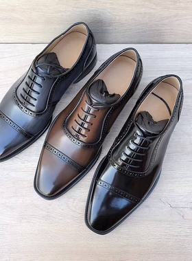 意大利手工皮鞋男真皮尖头外贸英伦百搭三接头商务休闲牛津鞋缝线