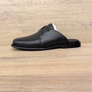 高端手工男鞋系带英伦百搭商务皮鞋男真皮包头拖鞋实木跟半托凉鞋