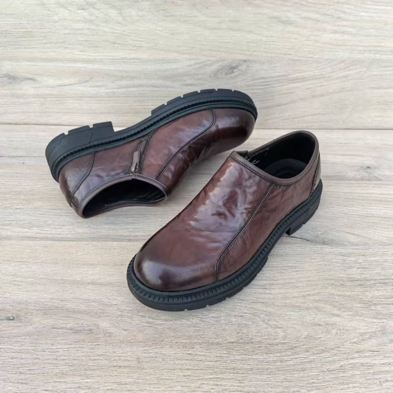 小牛皮休闲皮鞋男厚底缝线圆头