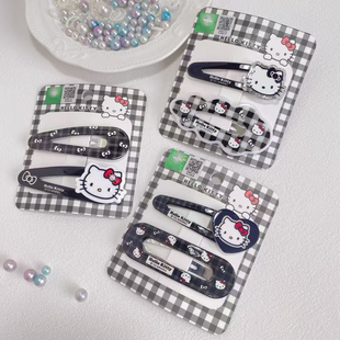 2025新款Hellokitty可爱儿童发夹发饰银色黑白格刘海夹子发夹