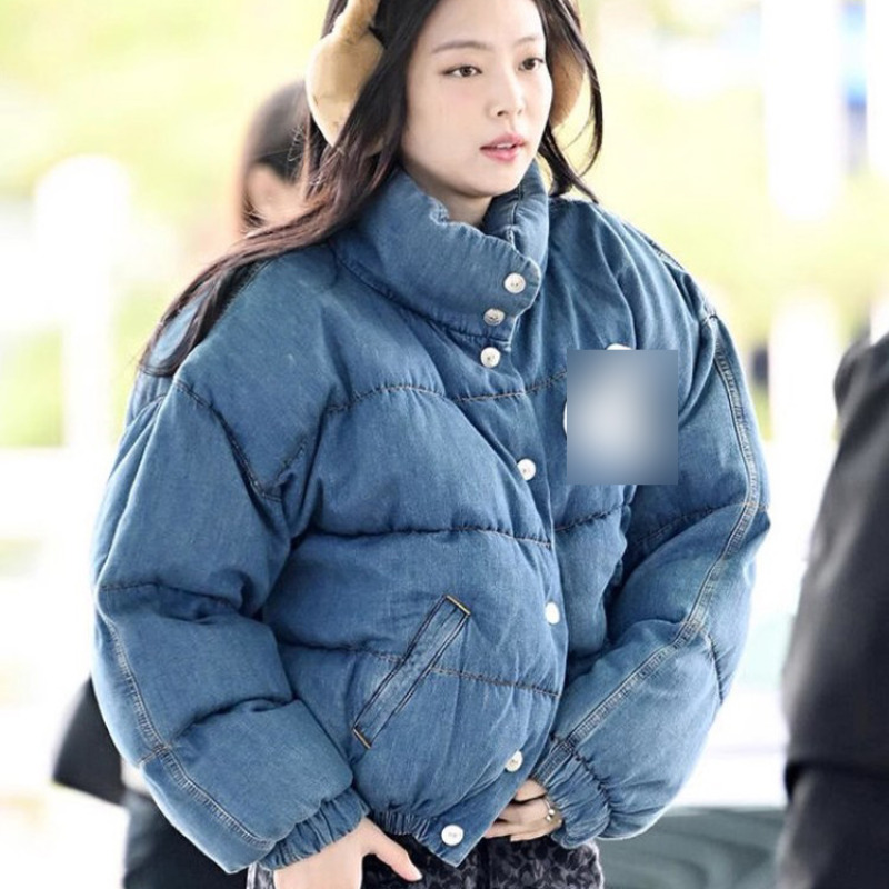 金智妮Jennie同款蓝色立领短款牛仔羽绒棉服女冬季面包服棉袄外套