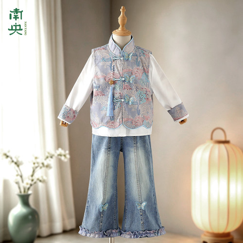 日常汉服女童新中式套装中秋节儿童服装小女孩长袖马甲三件套春秋