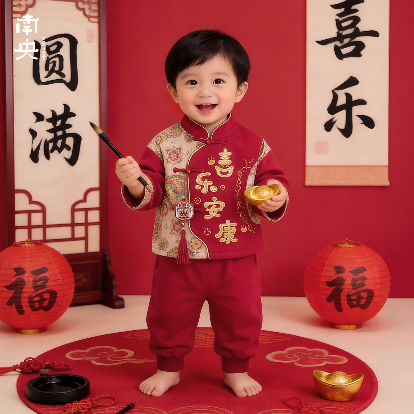新中式喜庆宝宝周岁礼服中国风儿童红色唐装套装婴儿汉服抓周宴服
