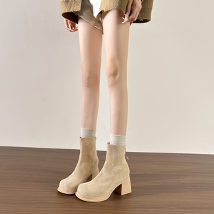 厚底短靴女大码加肥靴子新款秋冬加绒增高粗跟瘦瘦靴高跟女靴子