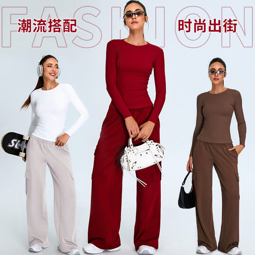 跨境新款修身瑜伽服套装女细螺纹裸感运动t恤跑步健身服套装