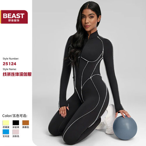 运动风连体瑜伽服露背紧身一体式健身瑜伽服欧美带胸垫提臀健身服