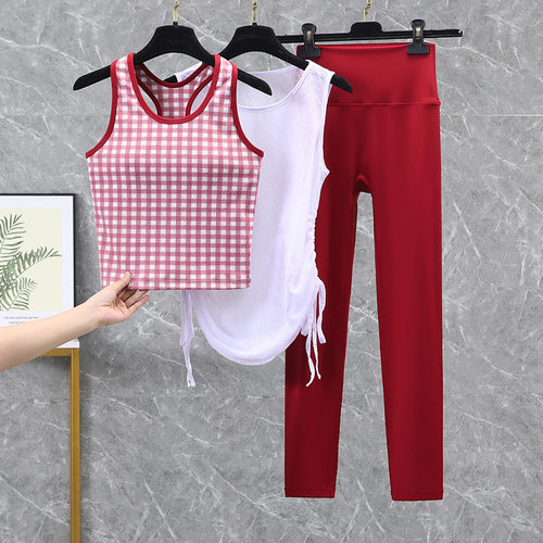 Temu运动背心女跑步防震背心普拉提训练上衣健身背心瑜伽服三件套