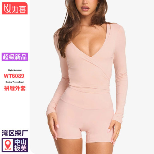 跨境长袖瑜伽服女前交叉式绑带瑜伽上衣芭蕾风百搭运动健身长袖