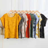 薄款 中年妈妈装 新品 夏季 绵绸上衣女短袖 圆领T恤衫 大码 宽松人造绵