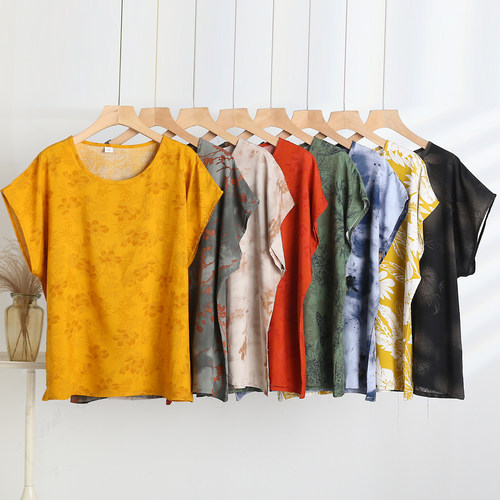 夏季薄款绵绸上衣女短袖圆领T恤