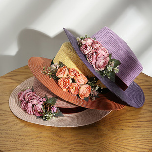 户外旅游防晒遮阳帽拼色沙滩帽子 夏季 法式 花朵平顶草帽女2025新款