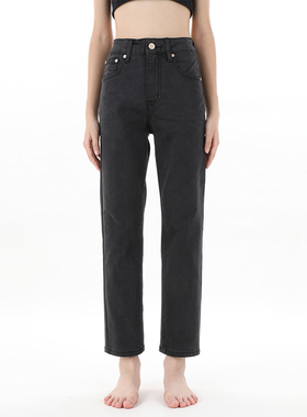 gpod BEFR烟灰炭黑色宽松阔腿烟管高腰小直筒牛仔裤女2025新款2