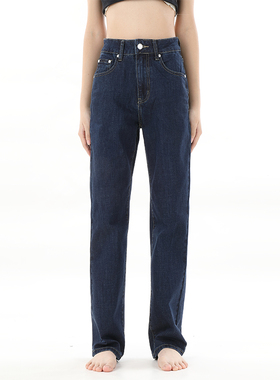 gpod IUPL拖地裤可翻边深蓝色阔腿裤宽松高腰直筒牛仔裤女2025新4