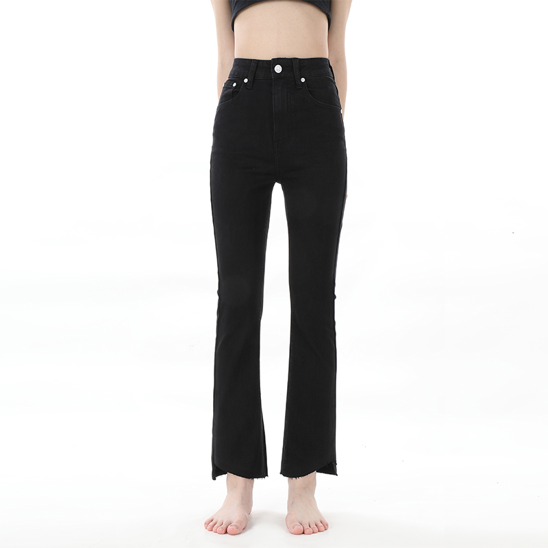 黑色毛边高腰微喇叭法式牛仔裤女