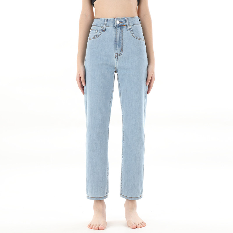浅蓝色薄款高腰直筒牛仔裤阔腿裤