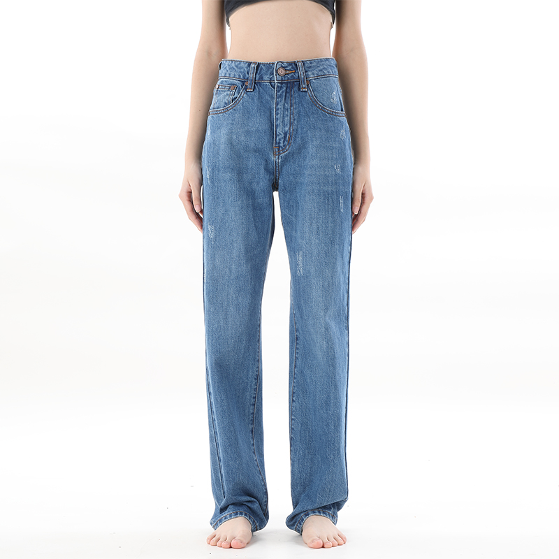 翻边高腰直筒拖地牛仔裤宽松阔腿