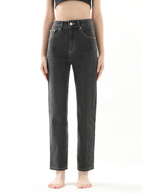 gpod BEFR薄款宽松烟灰黑色阔腿高腰小直筒牛仔裤女2025冬季新款2