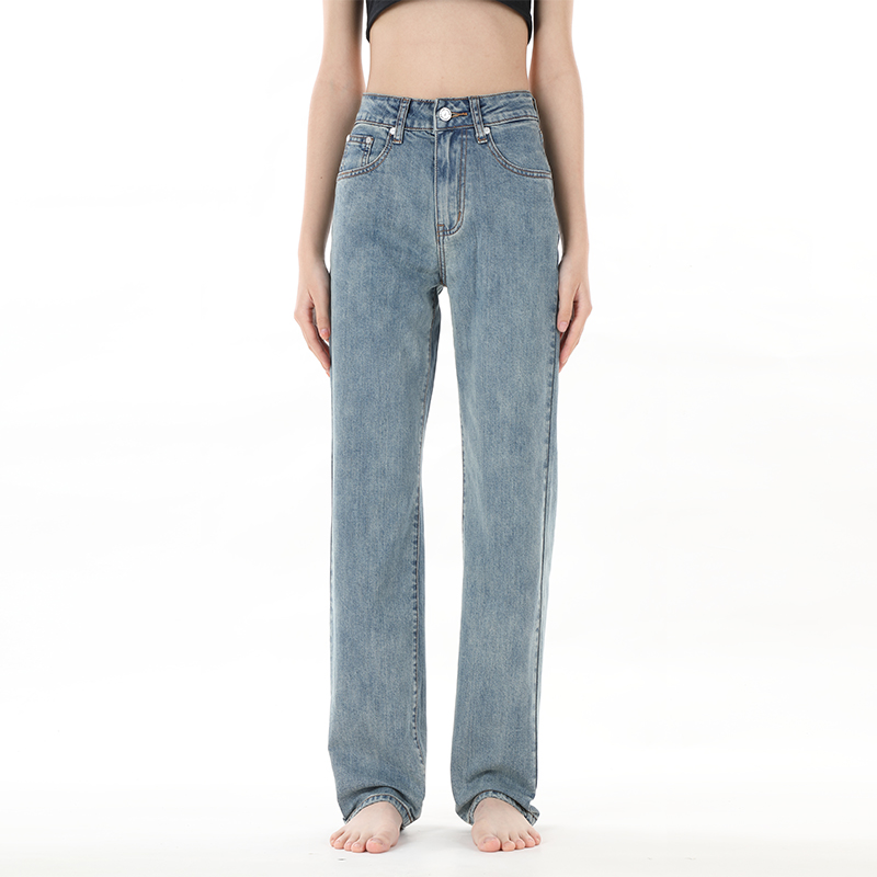 复古高腰拖地宽松阔腿直筒牛仔裤