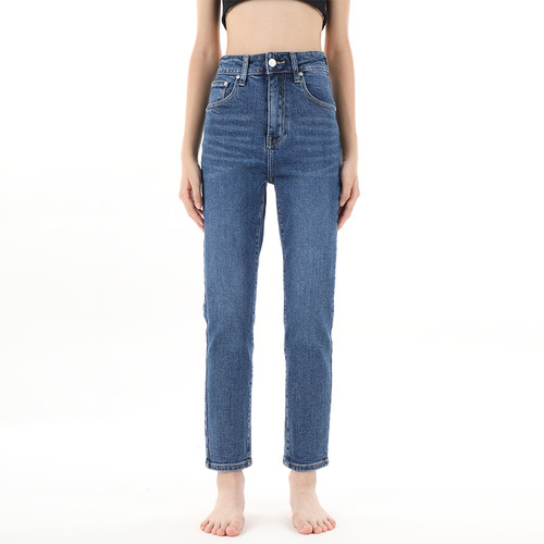 烟管深蓝色小直筒裤牛仔裤修身