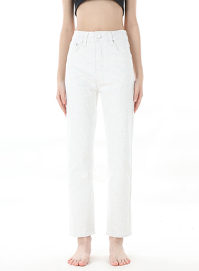 gpod BEFR美式宽松阔腿显瘦白色彩点高腰小直筒牛仔裤女2025新款2