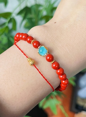 原创设计新年必入天然海纹石宝相花红朱砂单圈手串