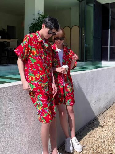 东北大花布衣服短袖衬衫女装男女同款高级感痞帅中国风演出服套装