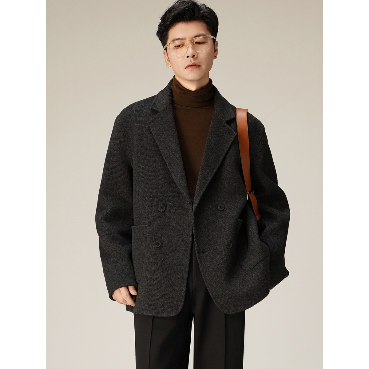 【PEICHUAN】2025秋冬新款双面毛呢大衣男短款呢子双排扣西装外套,男装,毛呢大衣,淘宝优惠券,粉丝福利购,淘宝优惠卷