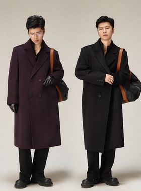 【PEICHUAN】秋冬新品男士暗紫色双面毛呢大衣过膝长款垫肩外套