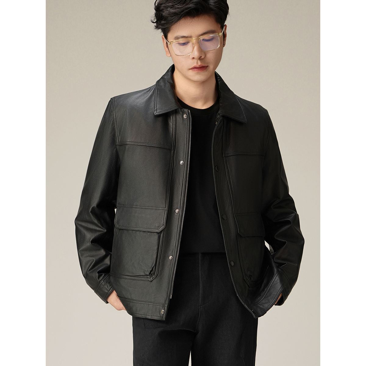 【PEICHUAN】秋冬新品通勤真牛皮衣夹克翻领休闲羽绒服外套男