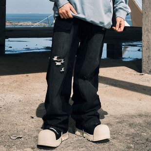 GENANX闪电潮牌新款黑色水洗破洞线须牛仔裤微喇宽松休闲长裤男