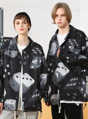 XXGOGO春秋季工装骰子满印涂鸦弹力绳下摆落肩袖夹克男女同款黑色