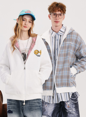 GENANX闪电潮牌2025秋季新款情侣装双面穿保暖白色格纹夹克外套男