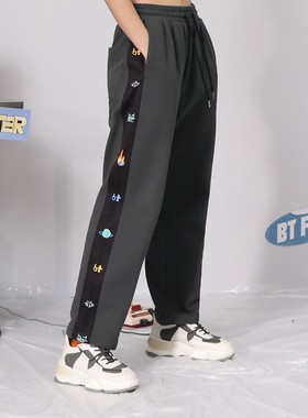 bt潮牌春秋季拼色印花宽松纯棉串标直筒休闲运动裤男女同款深灰色