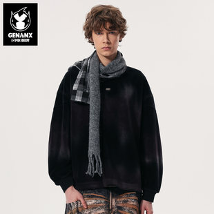 GENANX闪电潮牌做旧卫衣男2026春新款重磅宽松慵懒风加绒套头上衣