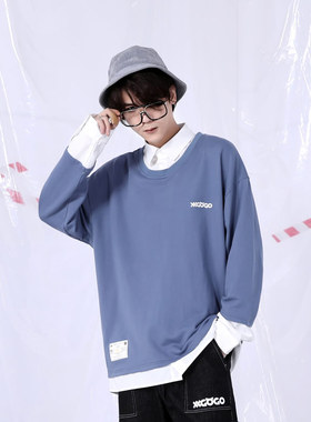 XXGOGO春秋季撞色拼接简约纯棉假两件套头宽松卫衣男女同款情侣