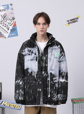 bt秋冬季油画风涂鸦刷漆印花立领拉链长袖落肩袖棉服衣男女同款