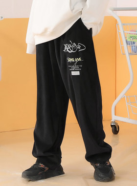 XXGOGO春秋季灯芯绒字母绣花纯色宽松直筒裤休闲裤男女同款黑色