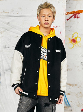 GENANX闪电潮牌棒球服潮流秋冬新款夹克黑白色世界和平印花外套男