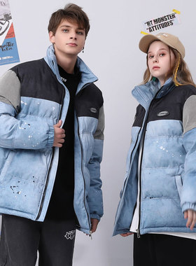 bt秋冬季异料拼色泼墨印花灯芯绒立领拉链棉服衣男女同款外套