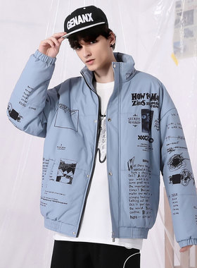 XXGOGO冬季猫咪字母涂鸦印花宽松落肩袖立领棉服男女同款情侣装